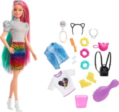 Barbie Leoparden Regenbogen-Haar Puppe Mit Farbwechseleffekt, 16 Zubehörteilen