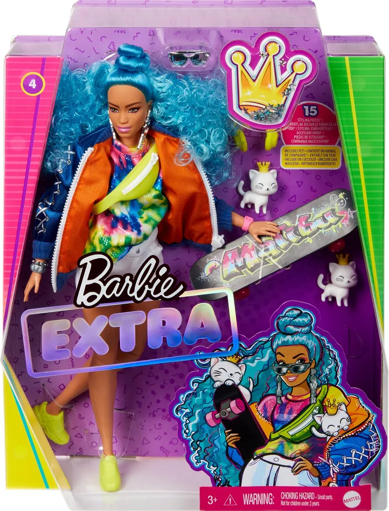 Barbie Extra Puppe Mit Blauen Haaren Und Skateboard, Inkl. Haustier 4 Barbie Extra Puppe Mit Blauen Haaren Und Skateboard, Inkl. Haustier – Bild 2